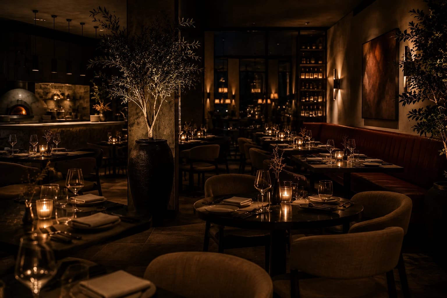 Dimly lit contemporary restaurant dining room used as the Vetta concept preview
